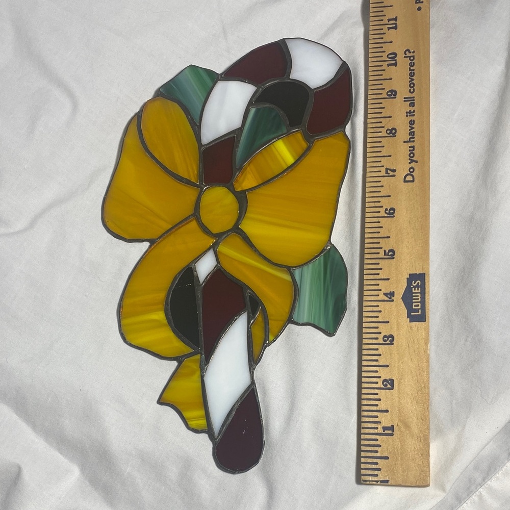 Handmade Stained Glass Candy Cane with Yellow Bow Christmas Suncatcher